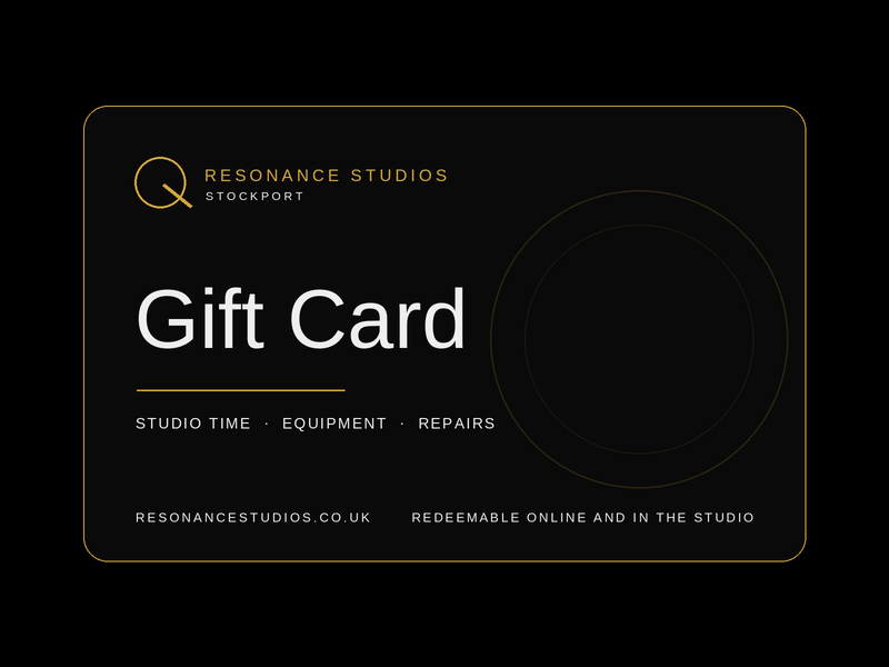 Resonance Studios gift card — black card with the studio's gold logo mark, redeemable against studio time, equipment and repairs.